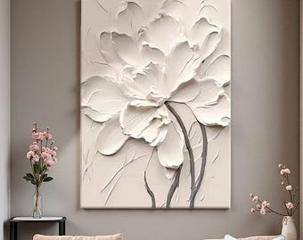 Heavy Texture White Floral Oil Painting, 3D Palette Knife Impasto Wall Art, Original Modern Botanical Art, Large Minimalist Living Room Art