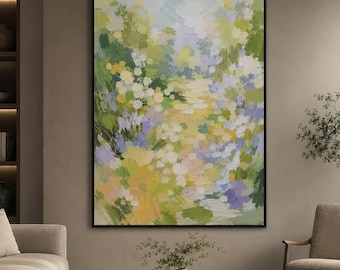 Spring Meadow Oil Painting, Floral Wall Art, Soft Green and Yellow Textured Art, Nature Landscape Painting, Garden Painting, Botanical Decor