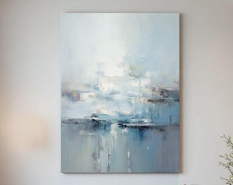 Mjukblå abstrakt reflektionsmålning, dimmig landskapsmålning, impastotexturerad konst, stor vattenlandskapskonst, lugn minimalistisk heminredning