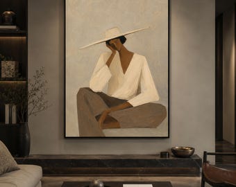 Modern Figurative Oil Painting, Heavy Texture Woman with Hat Canvas Art, Abstract Female Portrait Artwork, Neutral Tone Living Room Decor