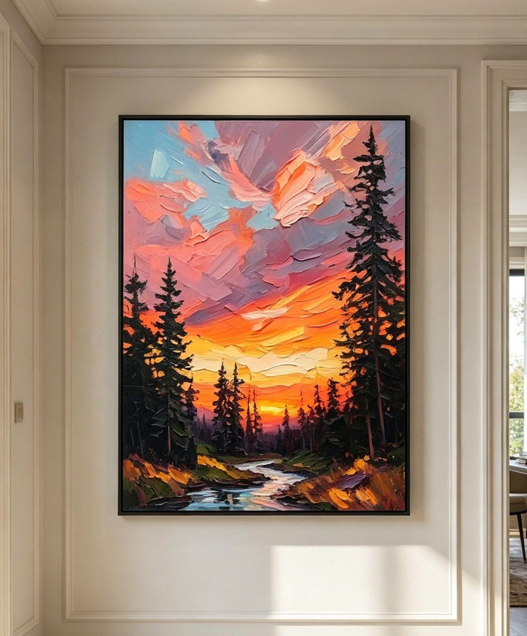 Impasto Sunset Landscape Oil Painting, Textured Forest River Wall Art ...