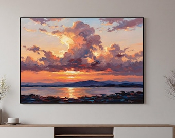 オリジナルの夕焼け風景油絵、夕焼け雲景キャンバスアート、モダンな壁アート装飾