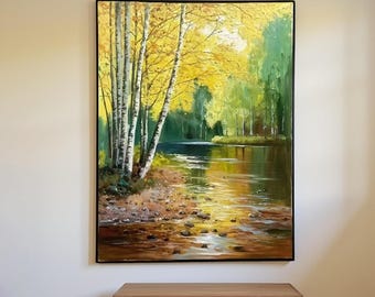 Hand Painted Autumn Birch Forest Oil Painting, Golden River Art