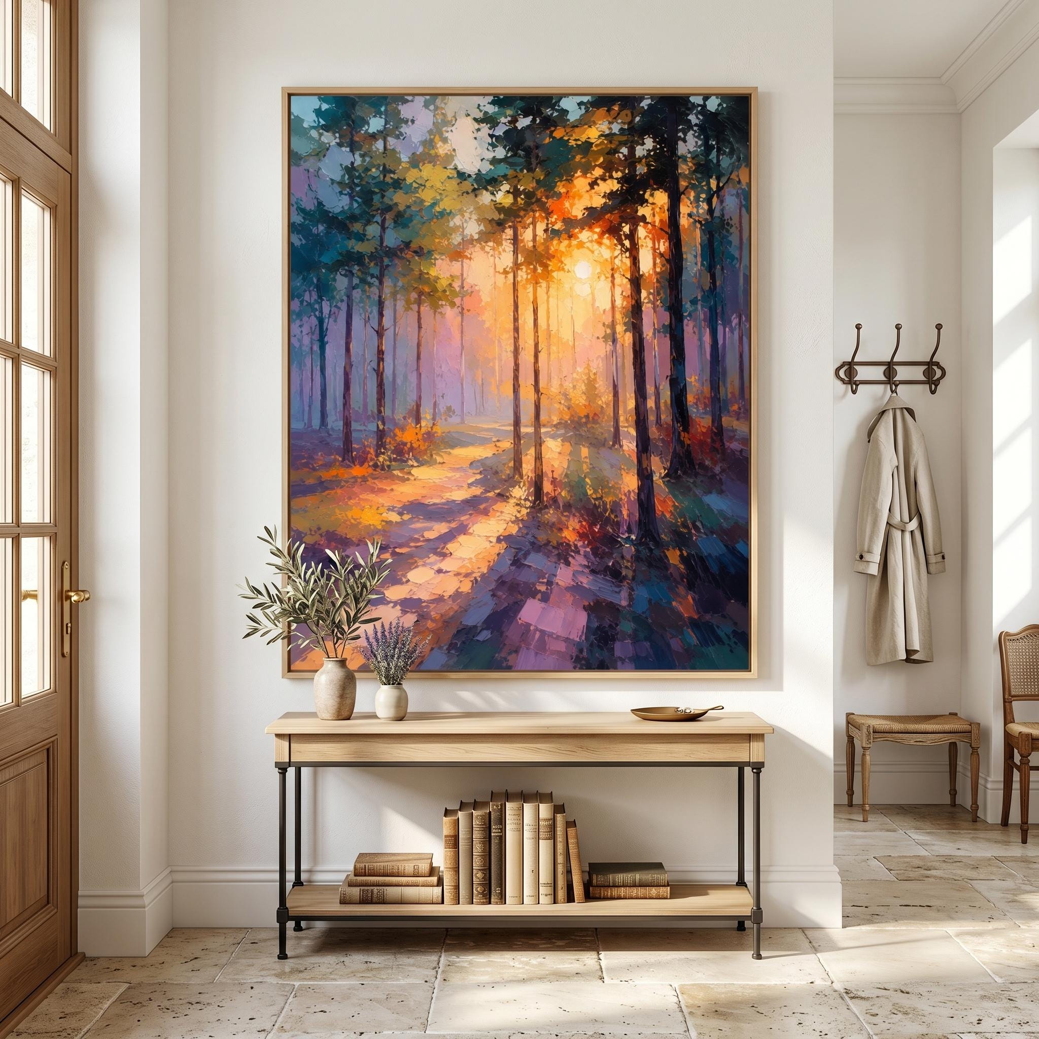 Sunlight Forest Oil Painting, Impressionist Woodland Landscape Painting, Warm Golden Hour Wall Art, Large Nature Canvas, Home Decor