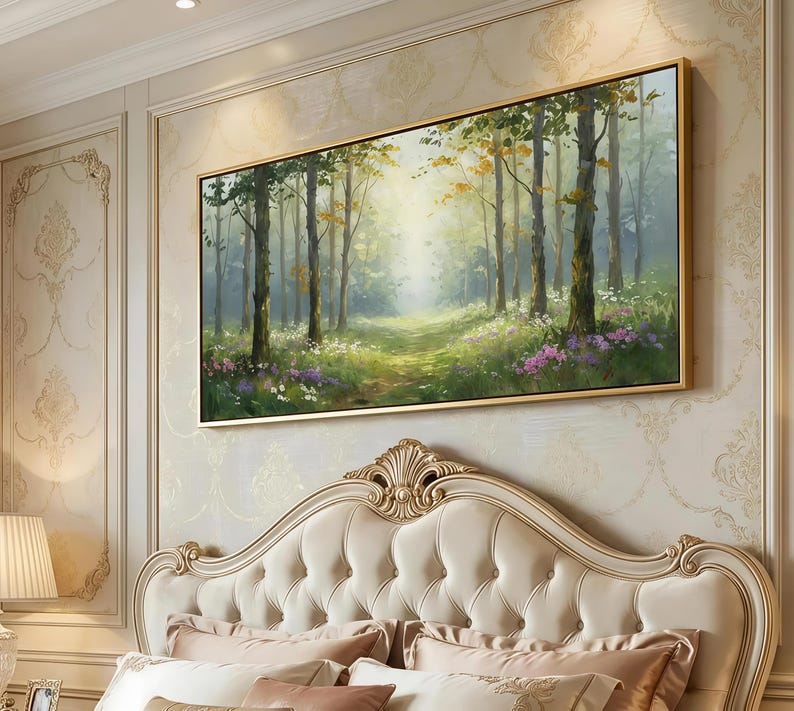 Large Forest Path Painting, Original Wildflower Landscape Art, Sunlit Woodland Scene with Wildflowers, Green Tree Painting for Living Room image 8