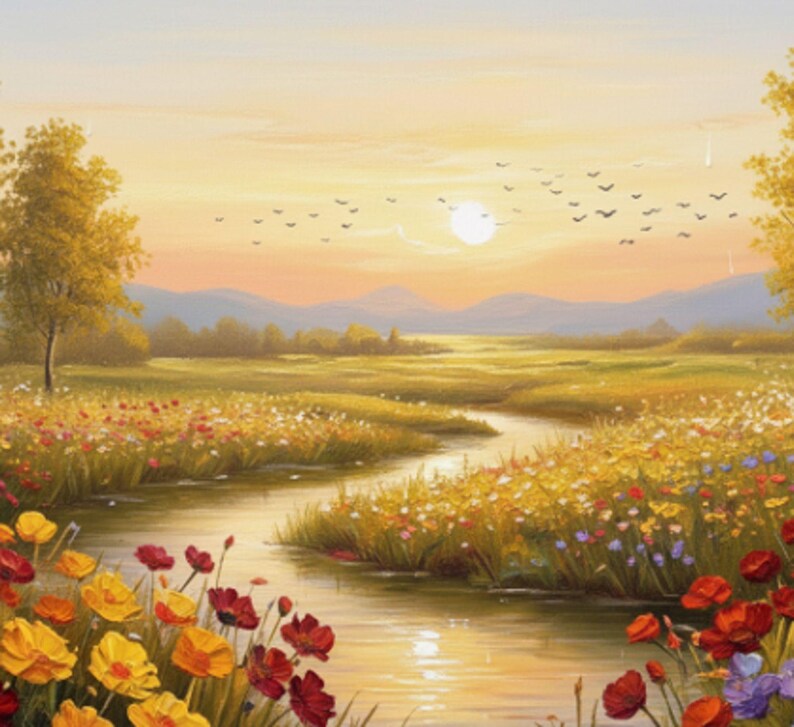 Original Oil Painting Textured Wall Art, Impasto Flower Meadow Sunset ...