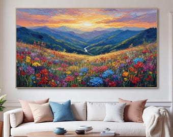 Pintura original de montaña sobre lienzo, colorido paisaje de montaña, arte mural de flores silvestres con empasto 3D, arte mural grande para sala de estar.