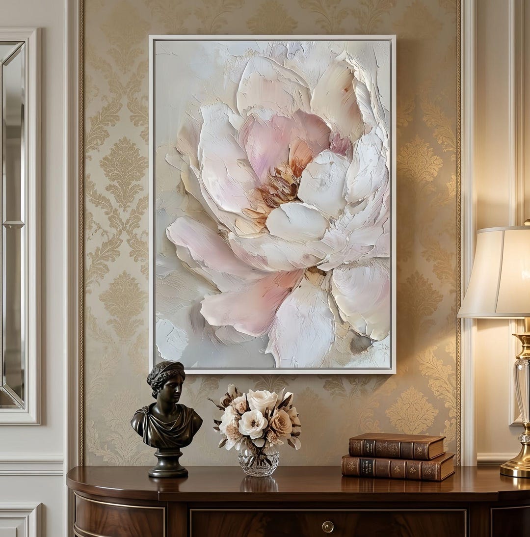 3D Textured Peony Oil Painting on Canvas, Large Impasto Floral Wall Art ...