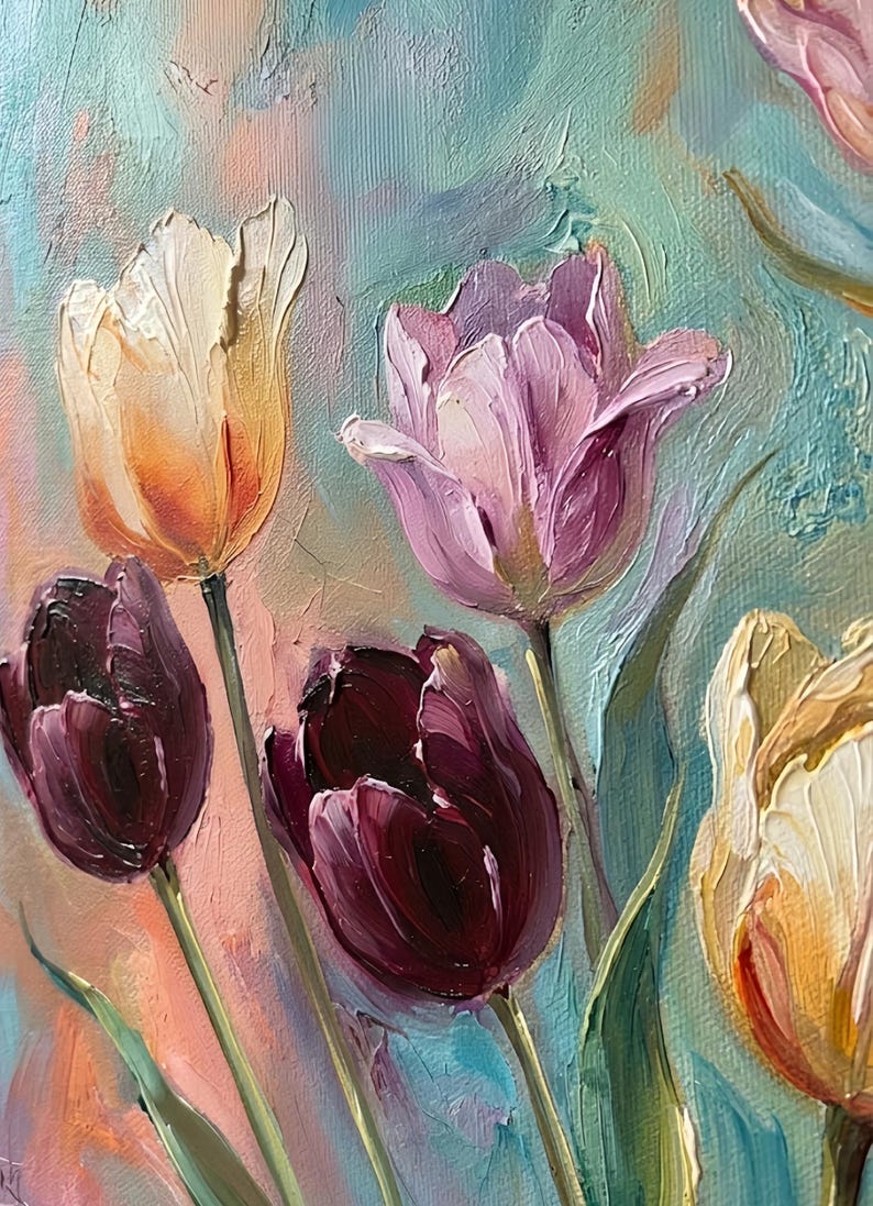 May include: Close-up of an oil painting featuring vibrant tulips. The flowers display a range of colors, including deep burgundy, soft pink, and creamy yellow, set against a textured, pastel-colored background. Green stems and leaves add contrast to the floral arrangement.