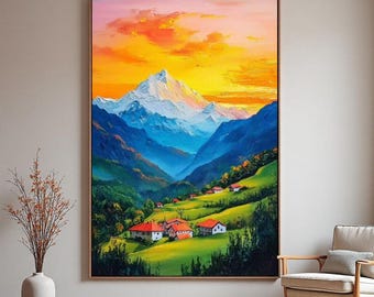 Sunset Alpine Village Oil Painting, Large Mountain Village Art, Impressionist Painting Pastoral Scene, Snow Mountain Landscape Canvas Art