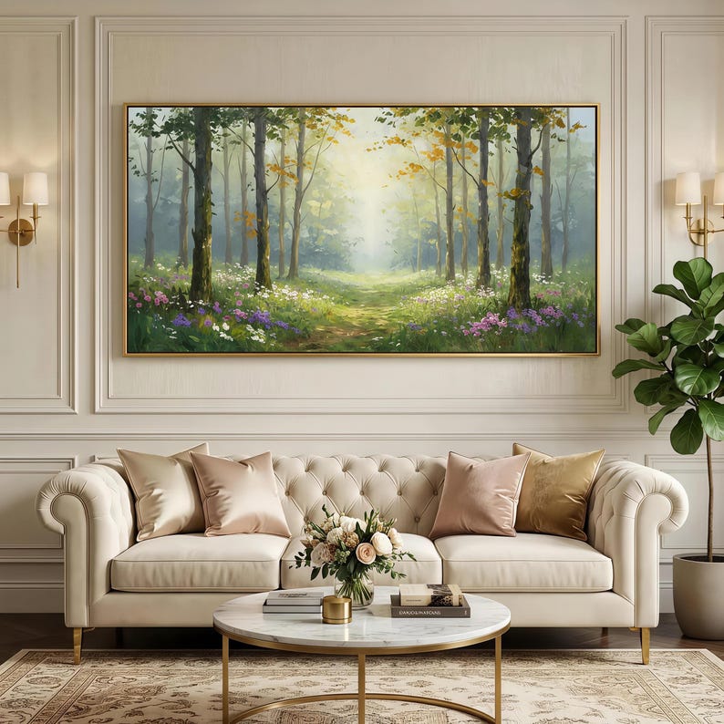 May include: A rectangular landscape painting in a gold frame depicting a sunlit forest path with tall trees, green foliage, and patches of purple and white wildflowers. The artwork is displayed on a wall above a cream-colored tufted sofa.