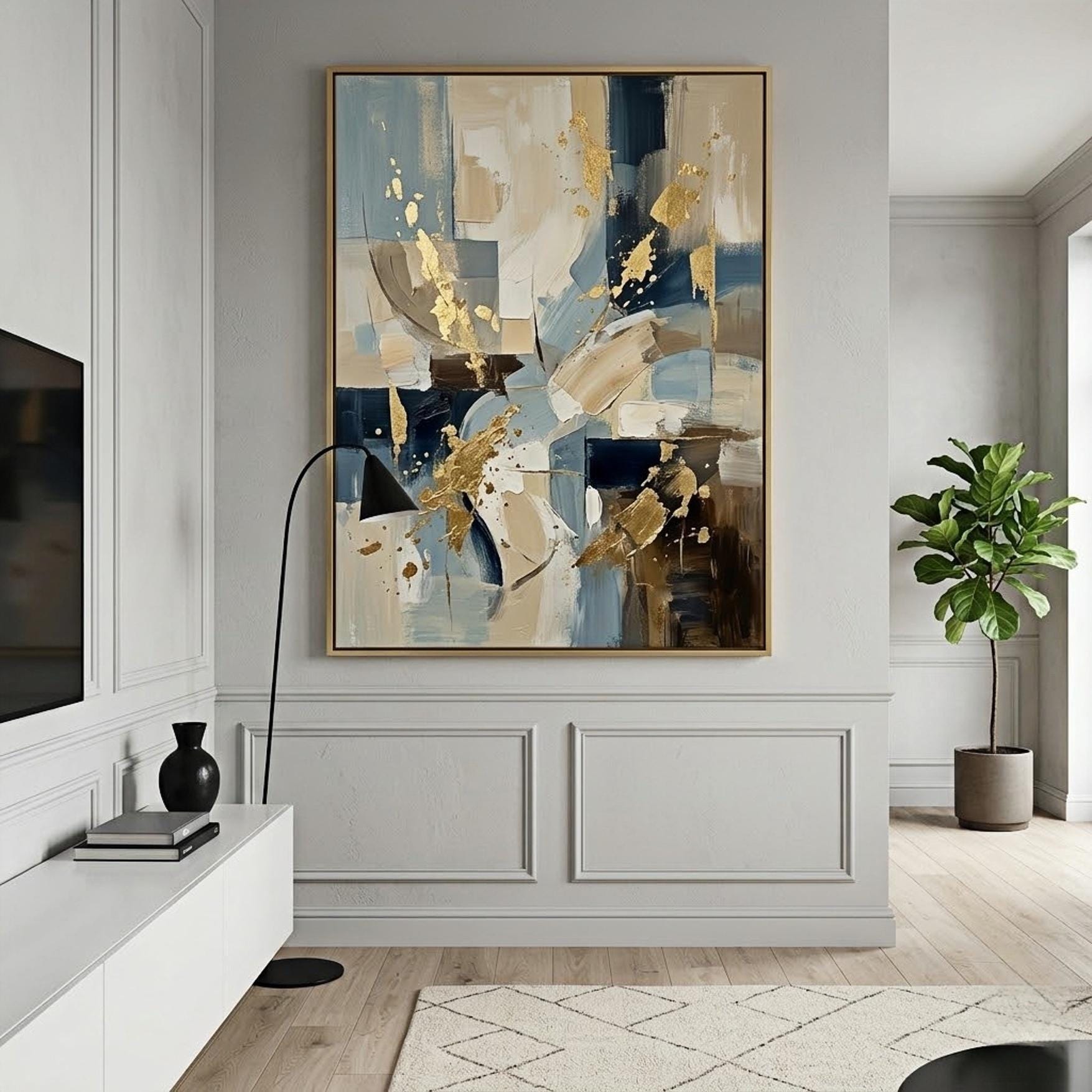 Blue Gold Abstract Canvas Wall Art, Neutral Modern Textured Oil ...