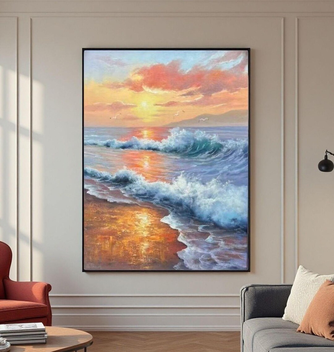 Golden Sunset Ocean Waves Painting, Large Textured Seascape Oil Art ...