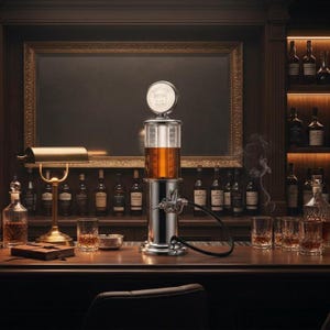 May include: A chrome and glass liquor dispenser shaped like a vintage gas pump, filled with amber liquid, sits on a wooden bar. The bar is stocked with bottles of liquor, glasses, and a small lamp. A framed mirror hangs in the background.