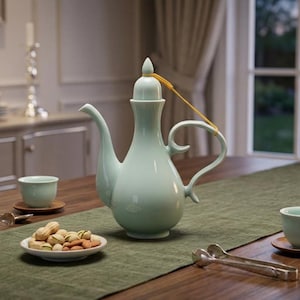 Peut inclure: Une théière en céramique vert pâle avec un long bec et une poignée incurvée. La théière a un couvercle avec un petit bouton et est attachée avec une ficelle jaune. Une petite tasse à thé et une assiette de noix sont également sur la table.