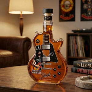 Puede incluir: Una botella de vidrio con forma de guitarra llena de Tennessee Whiskey de color ámbar. La botella presenta un gráfico de un guitarrista con sombrero de copa, el texto "Tennessee Whiskey", "Slash" y caracteres japoneses. Tapón negro.