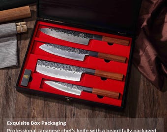 Forged Carbon Steel Japanese Chef Knife Set, Rosewood Handle, 4-Piece Culinary Knives