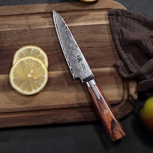 Personalized Damascus Paring Knife in Wood Box, Custom Fruit Knife, Engraved Kitchen Utility Knife, Culinary Gift for Mom, Gift for Her