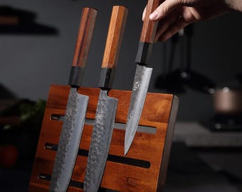 Double Sided Magnetic Knife Block, Acacia Wood Holder, 12.5" Countertop Organizer