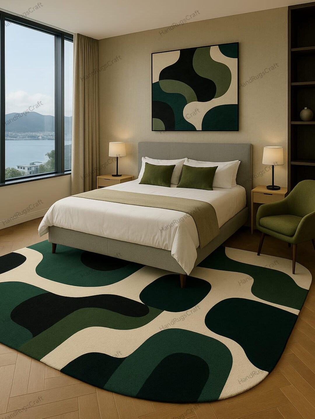 Rcc Rugs Mid-century Modern Green Abstract Rug – Curvy Geometric Area Carpet - Etsy