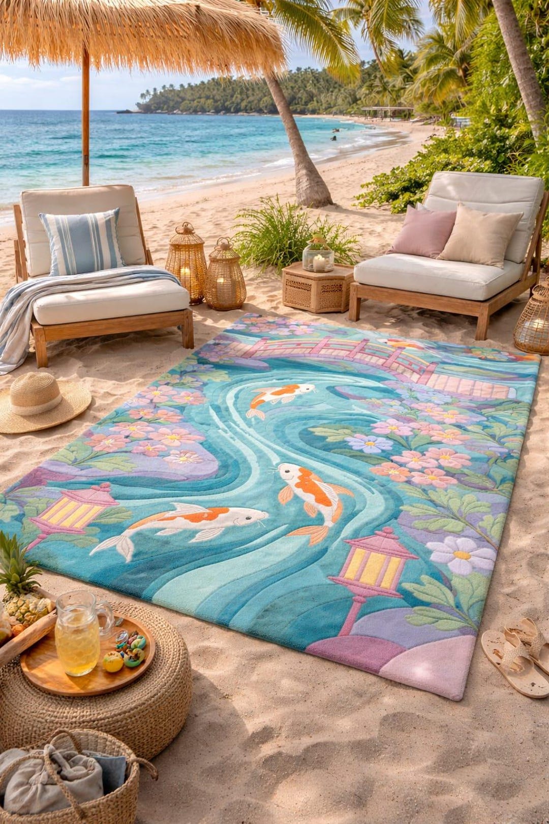 Hand-tufted Wool Rug, Koi Fish Japanese Garden Carpet, Pastel Floral ...