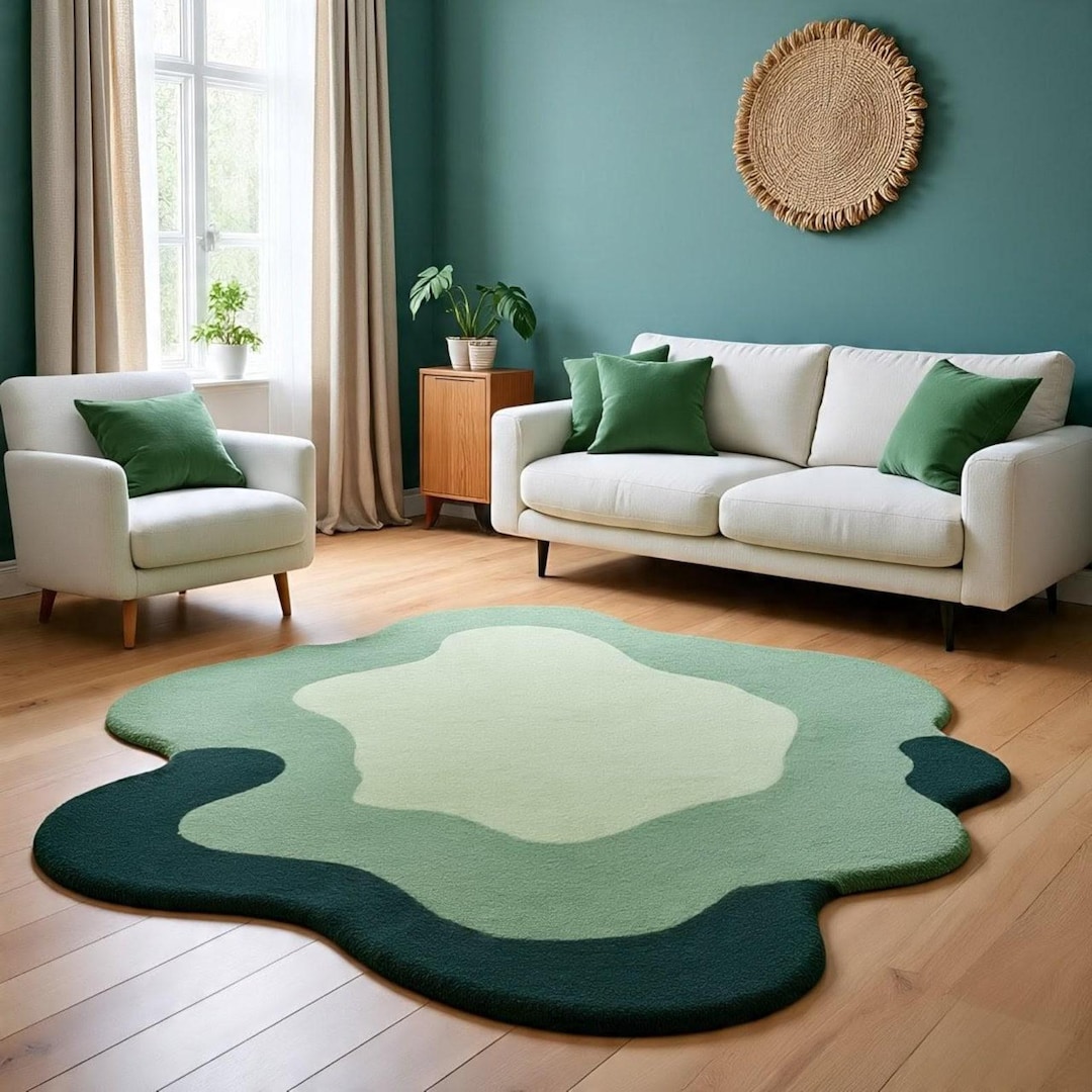 Hand Tufted Wool Rug: Organic Shape, Modern Abstract Green Area Carpet ...