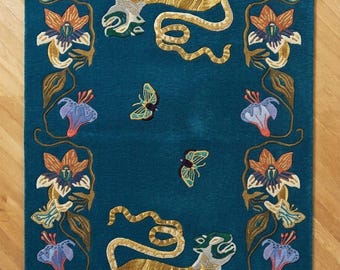 Hand-Tufted Wool Rug, Teal Animal Motif, Floral Butterfly Area Carpet