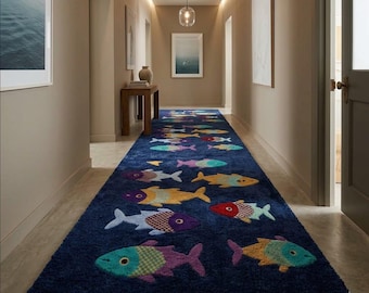 Hand-Tufted Wool Fish Rug, Playful Aquatic Kids Room Decor
