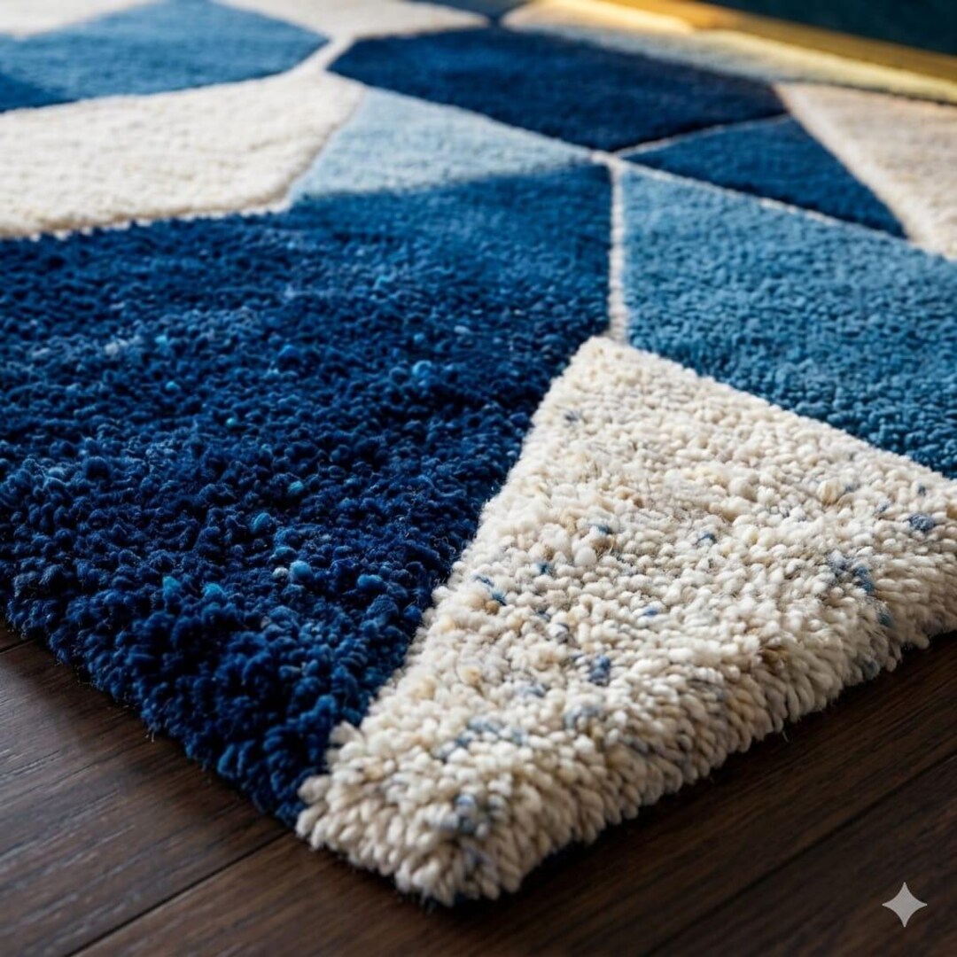 Hand Tufted Wool Rug Modern Geometric Blue White Carpet - Etsy