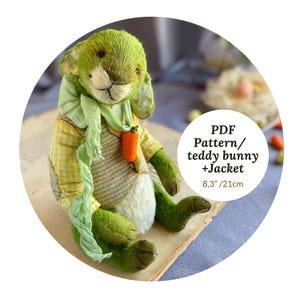 Può includere: Un coniglietto di peluche verde fatto a mano con una camicia a quadri gialla, un gilet a righe e una sciarpa verde. Il coniglietto ha un piccolo ciondolo a forma di carota arancione. L'immagine include il testo "PDF Pattern/ teddy bunny + Jacket" e la misura "21cm".