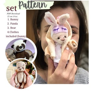 May include: A plush bunny doll wearing a sleep mask and a bunny ear hood. The image also shows a panda and bear doll, and the text "Pattern" and "PDF Download 15 cm (6 in)".
