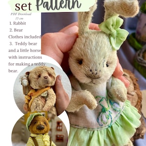May include: A plush rabbit doll, approximately 6 inches tall, with long ears and a green bow. The doll is wearing a green and white dress. The image also shows a teddy bear and a bear doll. The text on the image says "Pattern".