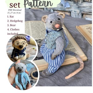May include: A plush gray rat wearing a blue dotted vest and blue and white striped pants. The image also includes a hedgehog and a bear, with the text "Pattern" and "PDF Download 15_17 cm (6 in)".