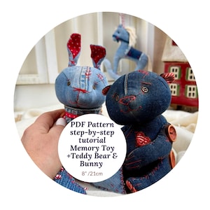May include: Two handmade denim fabric stuffed animals: a bunny and a teddy bear. The bunny has red polka dot ears and the bear has button accents. The image includes the text: "PDF Pattern step-by-step tutorial Memory Toy +Teddy Bear & Bunny 8"/21cm."