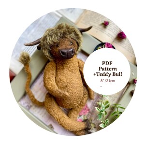 May include: A handmade brown teddy bear bull with a fluffy mane, horns, and tail. The plush toy is approximately 8 inches (20 cm) tall. The image includes the text "PDF Pattern +Teddy Bull".