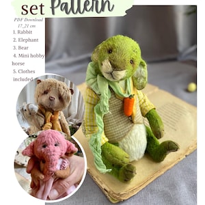 May include: A set of handmade stuffed animal patterns, including a rabbit, elephant, and bear. The rabbit is green with a carrot, and the pattern size is 17-21 cm. The text "Pattern" is at the top.