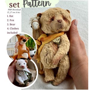 May include: A plush bear doll, approximately 6 inches tall, with a yellow scarf and a small horse toy. The image also includes a fox and rat doll, and the text "Pattern" and "Clothes included".