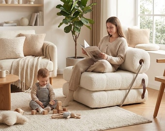 Modular Bouclé Armchair, Convertible Day Bed, Scandinavian Style, Sofa Bed, Book Nook
