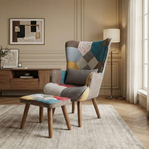 Färgglad lapptäcke accentfåtölj och fotpall, moderna loungemöbler