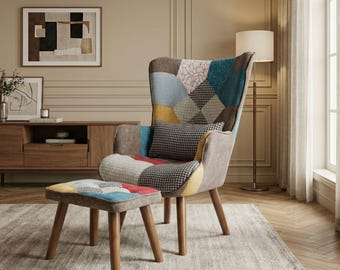 Colorful Patchwork Accent Chair and Ottoman Set, Modern Lounge Furniture