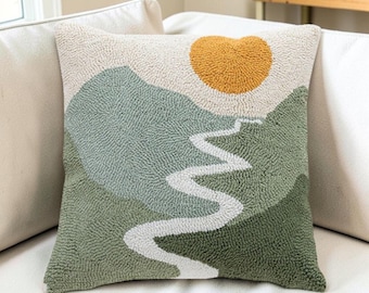 Tufted Cotton Pillow Cover 18x18, Geometric Sunset Boho Cushion Case, Abstract Cotton Cushion, Minimalist Throw Pillow, Modern Home Decor