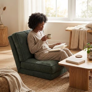 May include: A dark green corduroy floor chair. A person is sitting in the chair, reading a book and holding a mug. The chair is on a woven rug, with a wooden table and bench nearby.