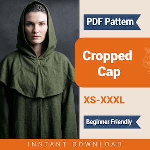 May include: A green cropped cap with a hood, as seen in a PDF pattern. The image features the text "Cropped Cap" in white on an orange background, with size options from XS to XXXL. The words "Beginner Friendly" are also visible.
