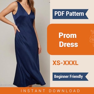 Può includere: Abito da ballo blu navy con scollo a V e silhouette fluida. L'immagine include il testo "PDF Pattern", "Prom Dress", "XS-XXXL" e "Beginner Friendly". L'abito è indossato da una persona.
