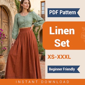 Könnte beinhalten: Eine Frau trägt ein salbeigrünes Crop-Top und einen rostfarbenen Maxirock. Das Bild enthält den Text "PDF Pattern", "Linen Set", "XS-XXXL" und "Beginner Friendly". Die Worte "Instant Download" sind ebenfalls sichtbar.