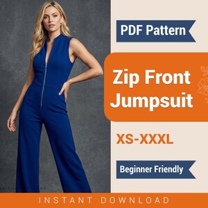 Naaipatroon jumpsuit met rits aan de voorkant | pdf met wijde pijpen voor dames (vriendelijk voor beginners)