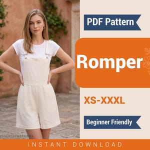 Pode incluir: Uma mulher usando um macacão creme com alças ajustáveis. A imagem inclui o texto "PDF Pattern", "Romper", "XS-XXXL" e "Beginner Friendly". As palavras "Instant Download" também são visíveis.