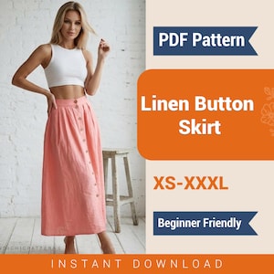 Cottagecore Linen Button Skirt Sewing Pattern, Summer Split Skirt (PDF Download)