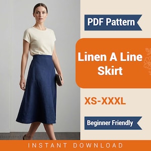 Op de afbeelding: Een vrouw draagt een crèmekleurig T-shirt en een marineblauwe A-lijn rok van linnen. De afbeelding bevat tekst: "PDF Pattern", "Linen A Line Skirt", "XS-XXXL" en "Beginner Friendly".