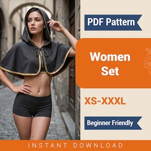 May include: A woman wearing a dark gray hooded cape with gold trim and matching shorts. The image includes text that reads "PDF Pattern", "Women Set", "XS-XXXL", "Beginner Friendly", and "Instant Download".